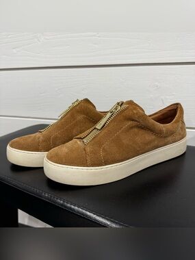 Frye Lena Low Zip Suede Sneakers Tan Cognac Gold Zip Women’s 8.5